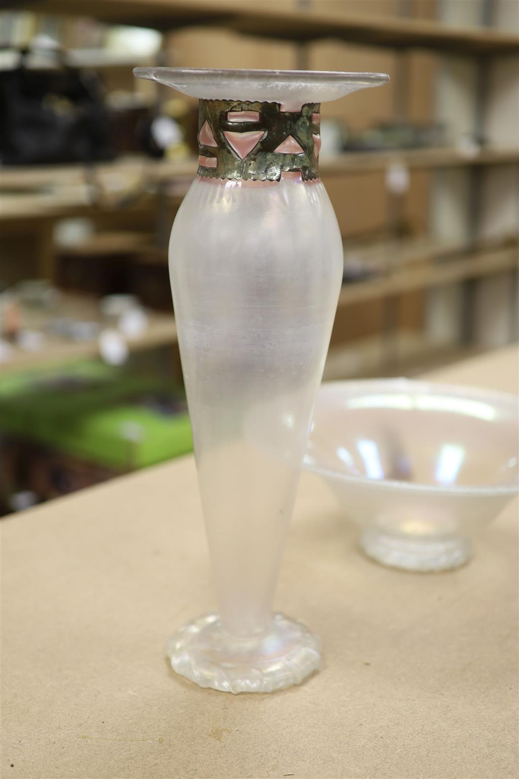 An Anthony Stern lustre glass, a bowl and a vase, a glass floral painted French plaffonier and a marbled glass plaffonier